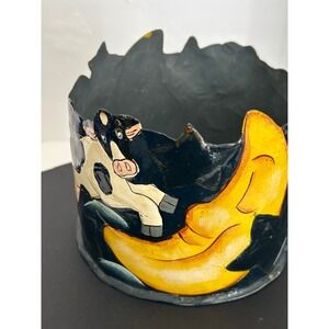 Metal Planter Pot Blue Cow Jumped Over The Moon Folk Art Toleware Collectible